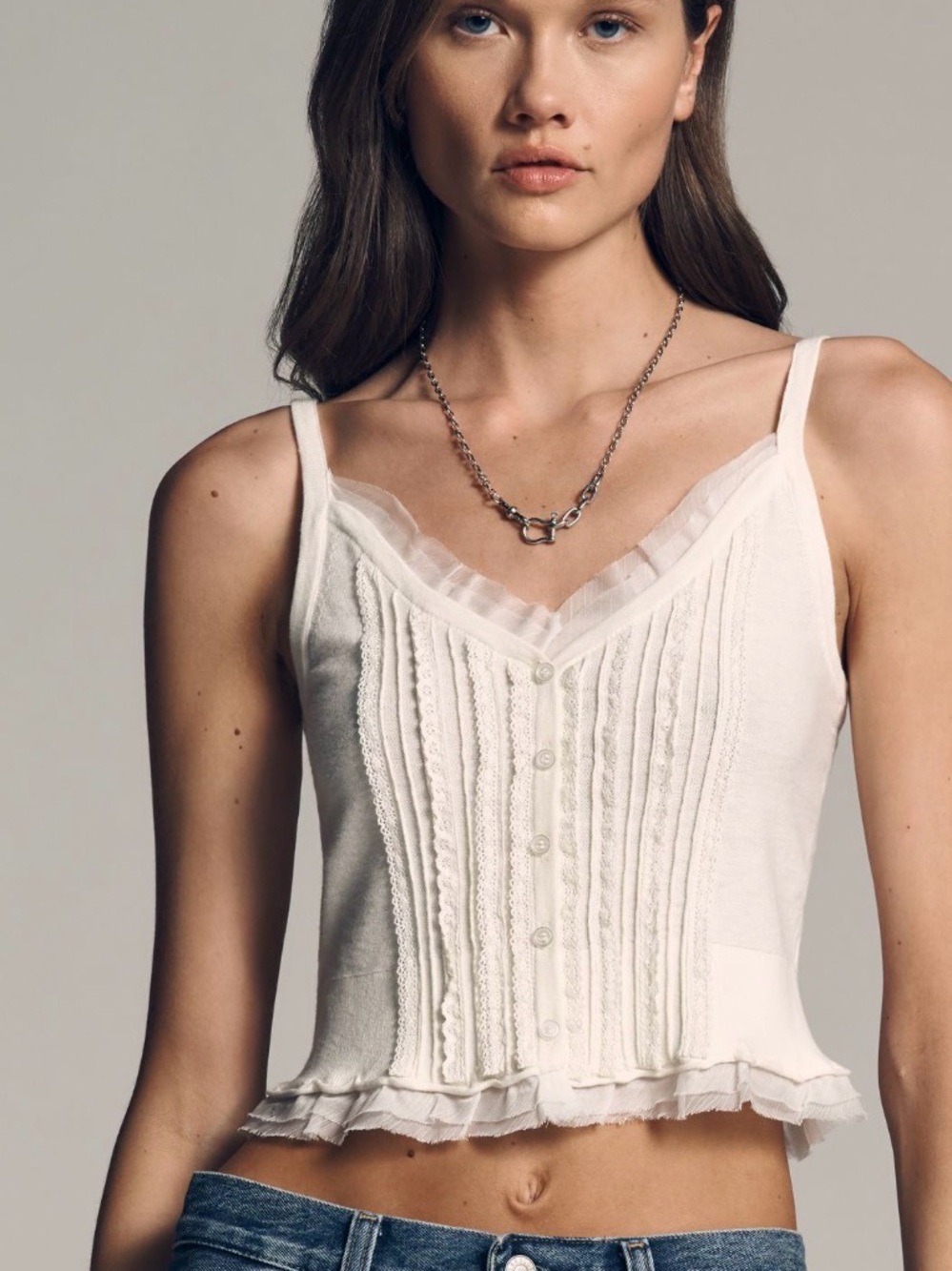 Lace-Trim Button Front Camisole Tank Top - off white, XL